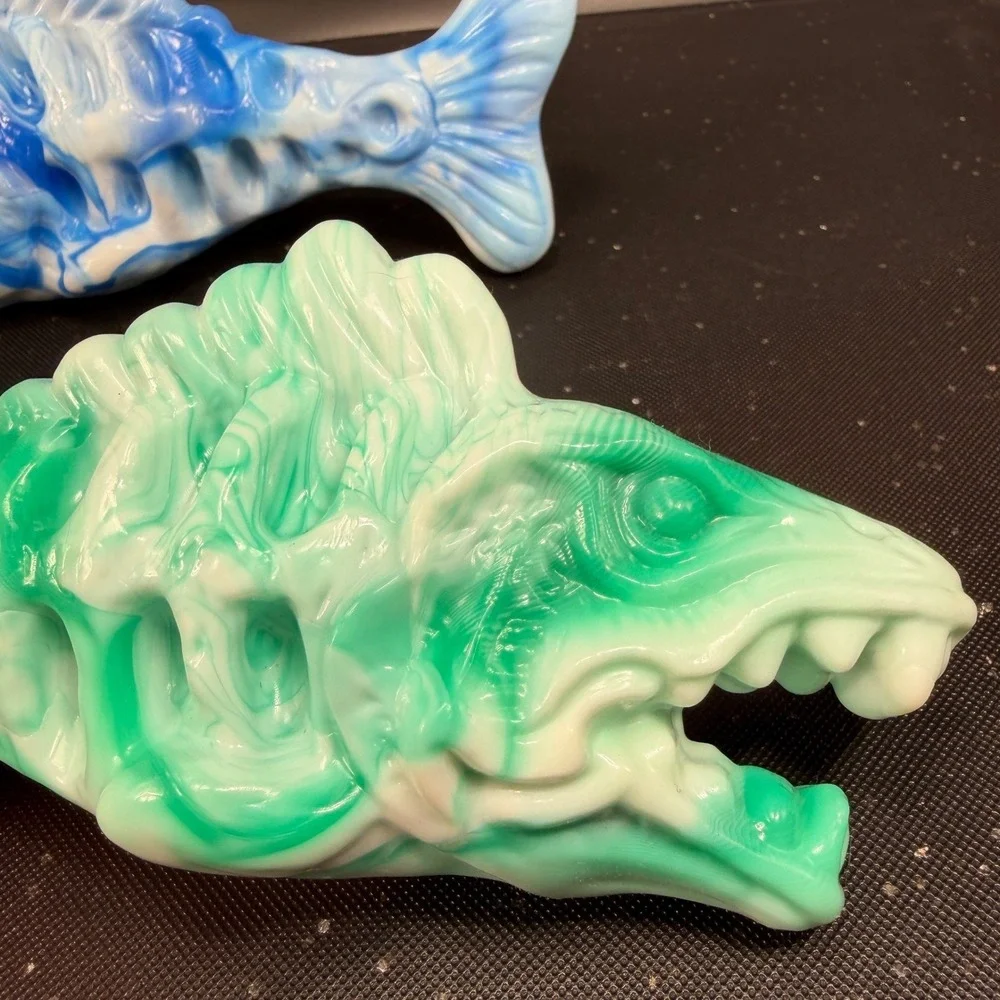 Hand Crafted Resin Fish Skeleton Figurines Blue Green Marbled Art Decor Set of 2